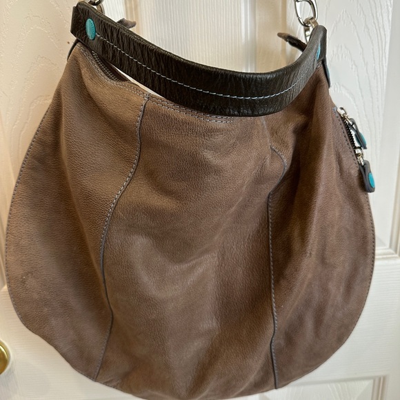 GABS Hobo Bag Crossbody EXPANDABLE Brown Distressed Leather Aqua Accents Italy - Picture 10 of 16